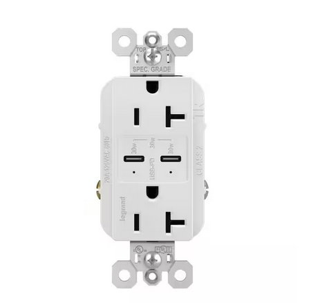 radiant 20 Amp 125-Volt Tamper-Resistant Duplex Outlet with Ultra-Fast 6A PLUS 30W Power Delivery USB C/C, White - 91006737992