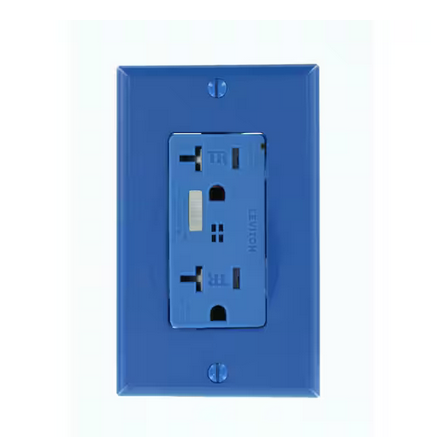 Decora Plus 20 Amp Commercial Grade Tamper Resistant Self Grounding Duplex Surge Outlet with Audible Alarm, Blue