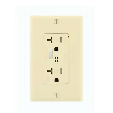 Decora Plus 20 Amp Commercial Grade Tamper Resistant Self Grounding Duplex Surge Outlet with Audible Alarm, Ivory