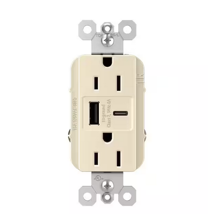 radiant 15 Amp 125-Volt Decorator Duplex Outlet with 6.0 Amp Type A/C USB, Light Almond - 91007095873