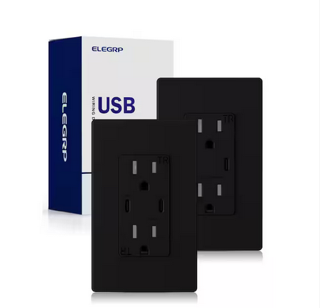30-Watt Dual Type C USB Duplex Wall Outlet for PD and QC, 15 Amp Receptacle, w/Wall Plate (2-Pack, Black) - 91010020847