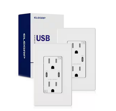 30-Watt Dual Type C USB Duplex Wall Outlet for PD and QC, 15 Amp Receptacle, w/Wall Plate (2-Pack, White) - 91010024688