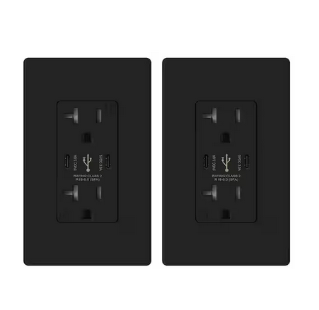 20 Amp 30-Watt Dual Type C USB Wall Charger with Duplex Tamper Resistant Outlet, Wall Plate Included, Black (2-Pack) - 91006544469