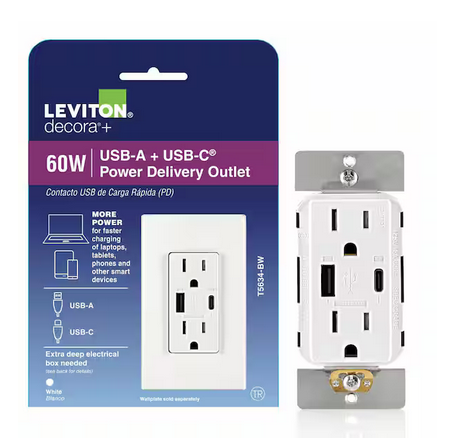 60-Watt White 15 Amp Tamper-Resistant USB Duplex Receptacle USB-A, USB-C with Power Delivery Wall Outlet - 91010996856