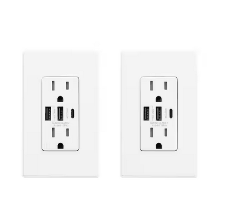30-Watt 15 Amp 3-Port Type C and Dual Type A USB Duplex Wall Outlet, Wall Plate Included, White (2-Pack)- 91005748950
