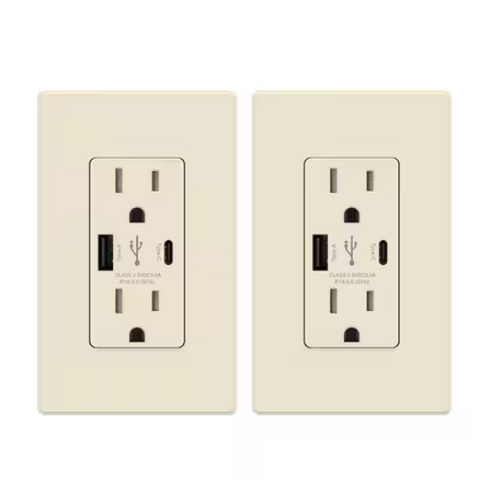 25-Watt 15 Amp Type C & Type A USB Duplex Outlet, SmartChip High Speed Charging, Wall Plate Included, Light Almond(6-Pk) - 91006202356