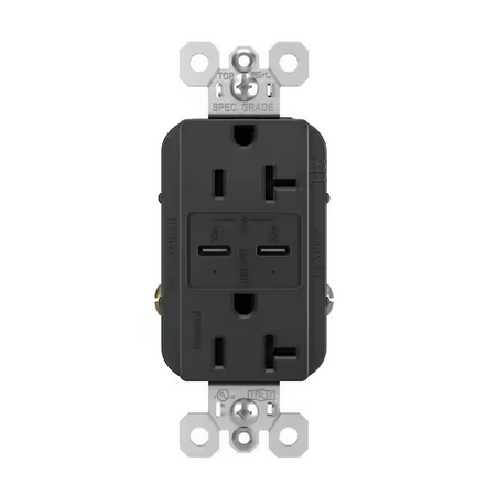 radiant 20 Amp 125-Volt Tamper-Resistant Duplex Outlet with Ultra-Fast PLUS Power Delivery USB C/C, Black - 91007018973