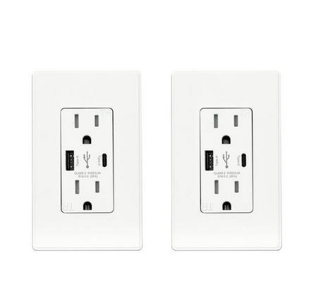 25-Watt 15 Amp Dual Type A and Type C USB Wall Duplex Outlet, Wall Plate Included, White (2-Pack) - 91005748929