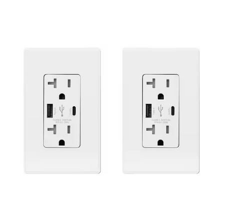25-Watt 20 Amp Dual Type A and Type C USB Wall Duplex Outlet, Wall Plate Included, White (2-Pack) - 91005748931
