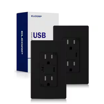30-Watt Type A & Type C USB Duplex Wall Outlet for PD and QC, 15 Amp Receptacle, w/Wall Plate (2-Pack, Black) - 91010024602