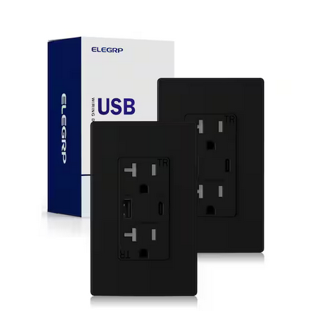 30-Watt Type A & Type C USB Duplex Wall Outlet for PD and QC, 20 Amp Receptacle, w/Wall Plate (2-Pack, Black) - 91010024604