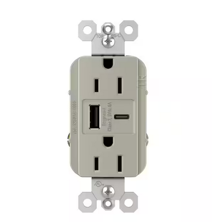 radiant 15 Amp 125-Volt Decorator Duplex Outlet with 6.0 Amp Type A/C USB, Nickel - 91005511974