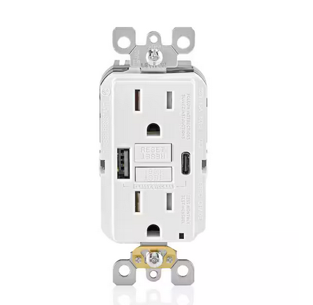 15 Amp SmartlockPro Self-Test GFCI Combination 24-Watt (4.8 Amp) Type A/C USB In-Wall Charger Duplex Outlet, White - 91007452482