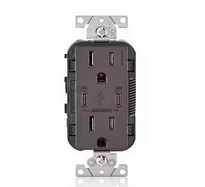 30-Watt 6 Amp USB Dual Type-C with Power Delivery In-Wall Charger/15 Amp 125-Volt Tamper-Resistant Outlet, Brown - 91004297128