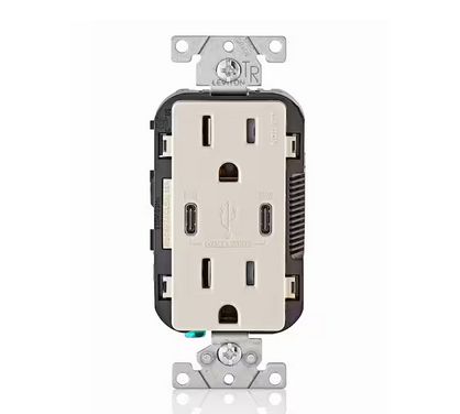 30-Watt 6 Amp USB Dual Type-C with Power Delivery In-Wall Charger/15 Amp 125-Volt Tamper-Resistant Outlet, Almond - 91004297130