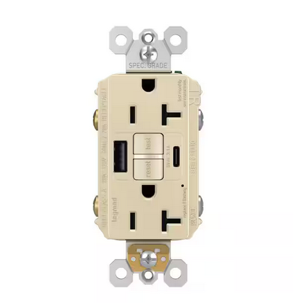 radiant 20 Amp 125-Volt Tamper Resistant GFCI Residential/Commercial Decorator Duplex Outlet with Type A/C USB, Ivory