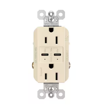 radiant 15 Amp 125-Volt Tamper-Resistant Duplex Outlet with Ultra-Fast 6A PLUS 30W Power Delivery USB C/C, Light Almond