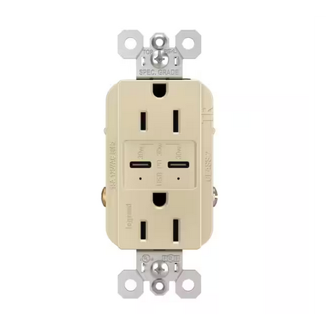 radiant 15 Amp 125-Volt Tamper-Resistant Duplex Outlet with Ultra-Fast 6A PLUS 30W Power Delivery USB C/C, Ivory