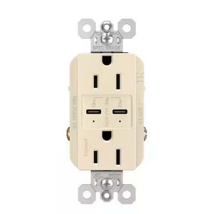 radiant 15 Amp 125-Volt Tamper-Resistant Duplex Outlet with Ultra-Fast 6A PLUS 30W Power Delivery USB C/C, Light Almond