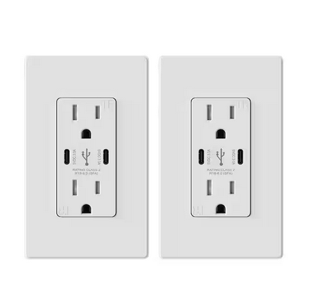 15 Amp 30-Watt Dual Type C USB Wall Charger with Duplex Tamper Resistant Outlet, Wall Plate Included, White (2-Pack) - 91006544466