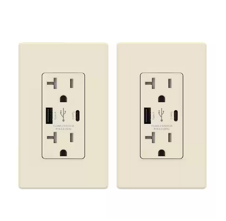 25-Watt 20 Amp Type C and Type A USB Duplex Outlet, Smart Chip High Speed Charging Wall Plate Included, Almond (2-Pack) - 91006202353