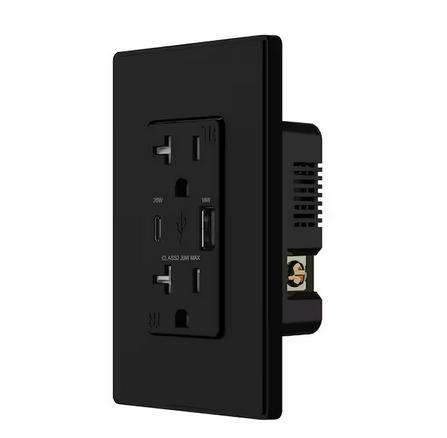 20W USB Wall Outlet with Type A and Type C USB Ports for Power Delivery and Quick Charge, w/Wall Plate, Black (2 Pack) - 91009273451