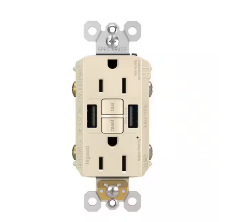 radiant 15 Amp 125-Volt Tamper Resistant GFCI Residential/Commercial Decorator Duplex Outlet with A/A USB, Light Almond - 91006575293