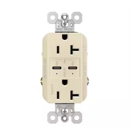 radiant 20 Amp 125-Volt Tamper-Resistant Duplex Outlet with Ultra-Fast PLUS Power Delivery USB C/C, Light Almond - 91007024232