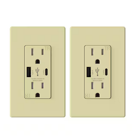 25-Watt 15 Amp Type A and C Dual USB Charger with Duplex Tamper Resistant Outlet, Wall Plate Included, Ivory (2-Pack) - 91006202374