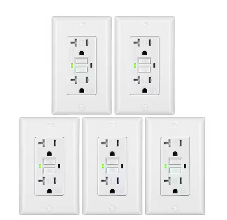 White 20 Amp Tamper Resistant GFCI Outlet Receptacle with LED Indicator, Wallplate Included, 5-Pack - 91012027339
