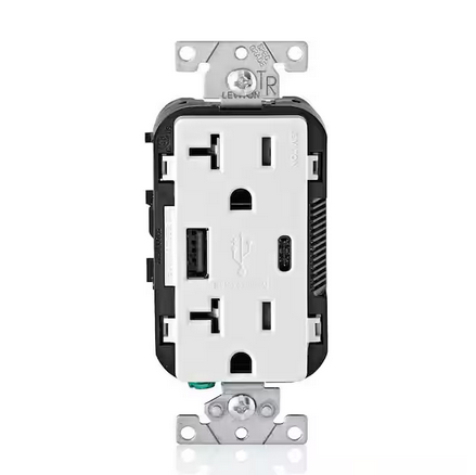 20 Amp Tamper Resistant Duplex Outlet with Type A and Type-C USB Chargers, White - 91005617903