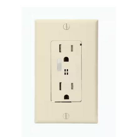 Decora Plus 15 Amp Commercial Grade Tamper Resistant Self Grounding Duplex Surge Outlet with Audible Alarm, Light Almond