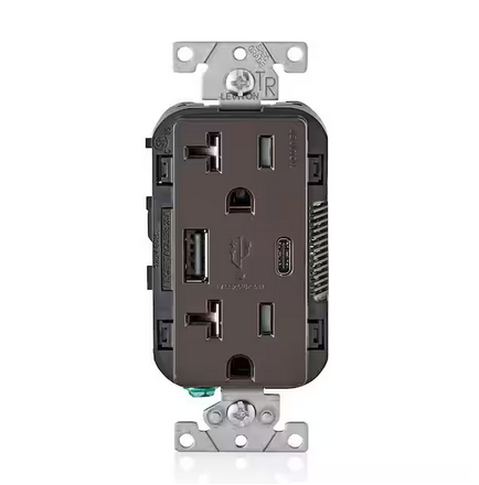 20 Amp Type A and Type-C USB Charger/Tamper Resistant Receptacle, Brown - 91005617904