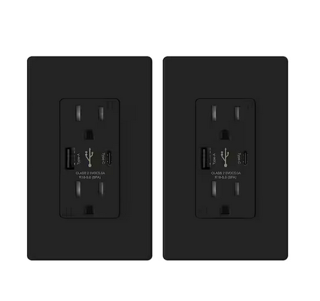 25-Watt 15 Amp Type C and Type A USB Duplex Outlet Smart Chip High Speed Charging Wall Plate Included, Black (2-Pack) - 91006202364
