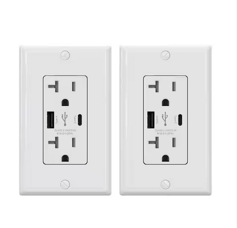 25-Watt 20 Amp Type A & C Dual USB Wall Charger with Duplex Tamper Resistant Outlet Wall Plate Included, White (2-Pack) - 91006202388