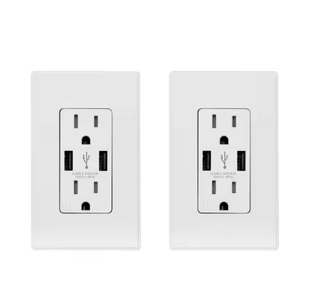 25-Watt 15 Amp Dual Type A USB Duplex Wall Outlet, Wall Plate Included, White (2-Pack) - 91005748934