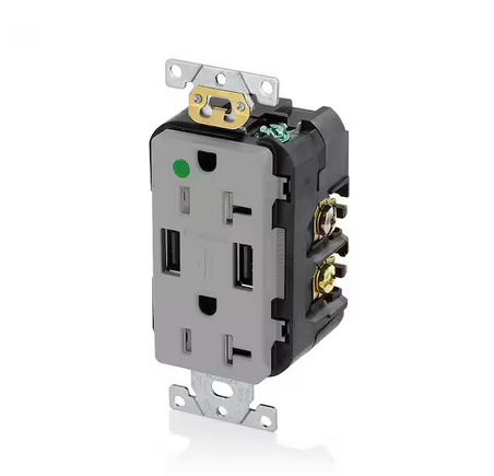 Decora 20 Amp Hospital Grade Tamper Resistant Duplex Outlet and 3.6 Amp USB Outlet, Gray