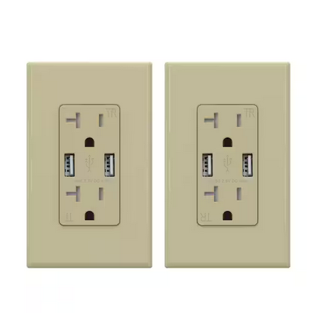 4.0 Amp Dual USB Ports with Smart Chip, 20 Amp Duplex Tamper Resistant Outlet, Wall Plate Included, Ivory (2-Pack) - 91006202376