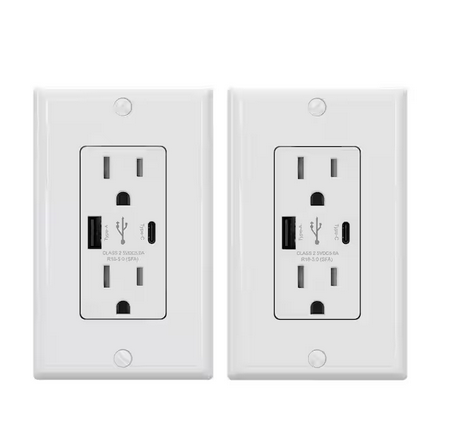25-Watt 15 Amp Type A and Type C Dual USB Wall Charger with Duplex Outlet, Wall Plate Included, White (2-Pack) - 91006202351
