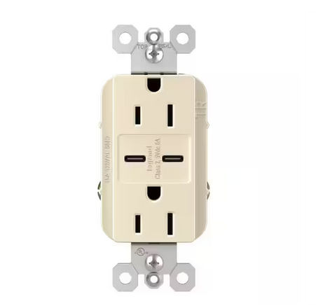 radiant 15 Amp 125-Volt Decorator Duplex Outlet with 6.0 Amp Type C/C USB, Light Almond - 91007095876