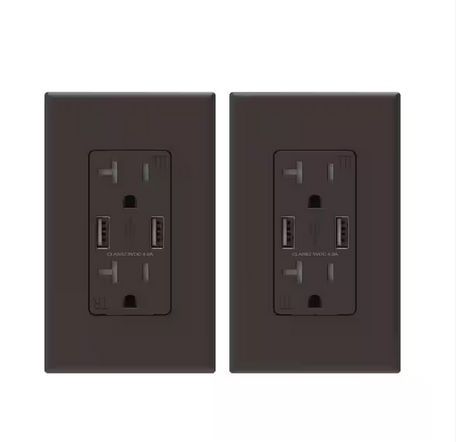 4 Amp USB Dual Type A In-Wall Charger with 20 Amp Duplex Tamper Resistant Outlet, Wall Plate Included, Brown (2-Pack) - 91005748932