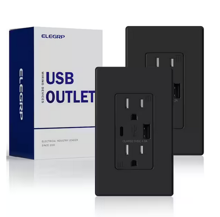 21W USB Wall Outlet with Type A and Type C USB Ports, 15 Amp Tamper Resistant, with Screwless Wall Plate,Black (2 Pack) - 91008253067