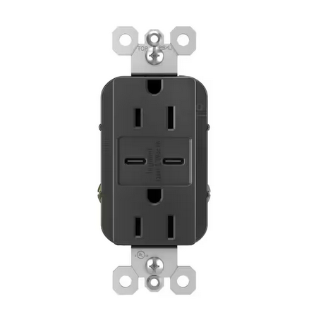 radiant 15 Amp 125-Volt Decorator Duplex Outlet with 6.0 Amp Type C/C USB, Black - 91007095878