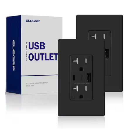 21W USB Wall Outlet with Type A and Type C USB Ports, 20 Amp Tamper Resistant, with Screwless Wall Plate,Black (2 Pack) - 91008253070
