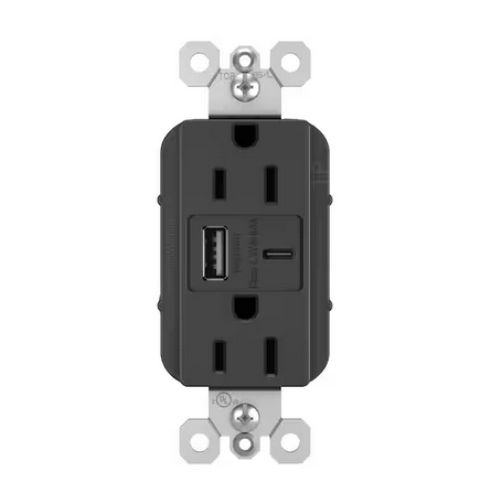 radiant 15 Amp 125-Volt Decorator Duplex Outlet with 6.0 Amp Type A/C USB, Graphite - 91005511973
