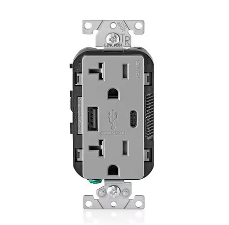 20 Amp Type A and Type-C USB Charger/Tamper Resistant Receptacle, Gray - 91005617907
