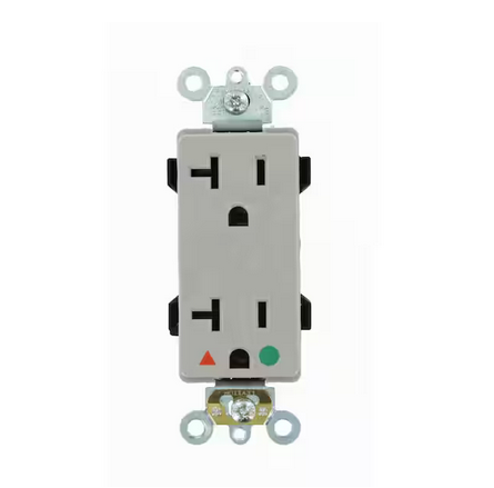 Decora Plus 20 Amp Hospital Grade Extra Heavy Duty Isolated Ground Duplex Outlet, Gray