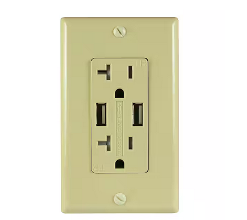 Two 5 Amp USB Two 20 Amp AC Wall Outlet and USB Charging Ports Wall Plate Tamper Resistant, Ivory - 91004155850