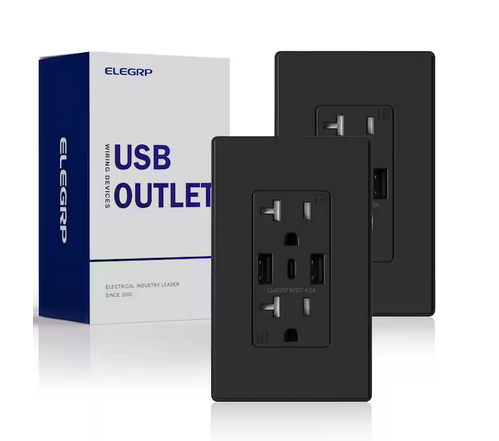 21W USB Wall Outlet w/Dual Type A and Type C USB Ports, 20 Amp Tamper Resistant Outlet, w/Wall Plate, Black (2 Pack) - 91009419654
