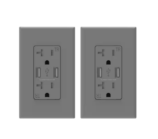 4 Amp USB Dual Type A In-Wall Charger with 20 Amp Duplex Tamper Resistant Outlet, Wall Plate Included, Gray (2-Pack) - 91005748937